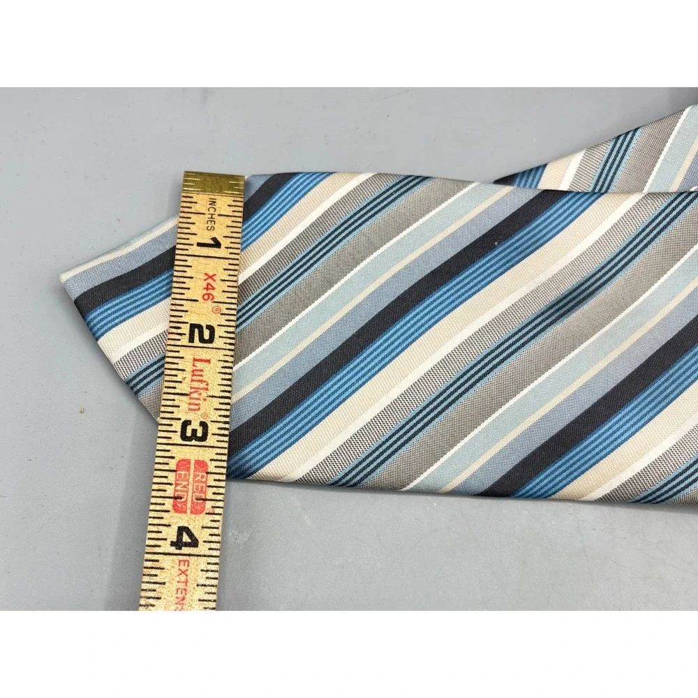 Perry Ellis Portfolio Mens 100% Silk Stripe‎ Neck Tie Blue Tan Gray Formal